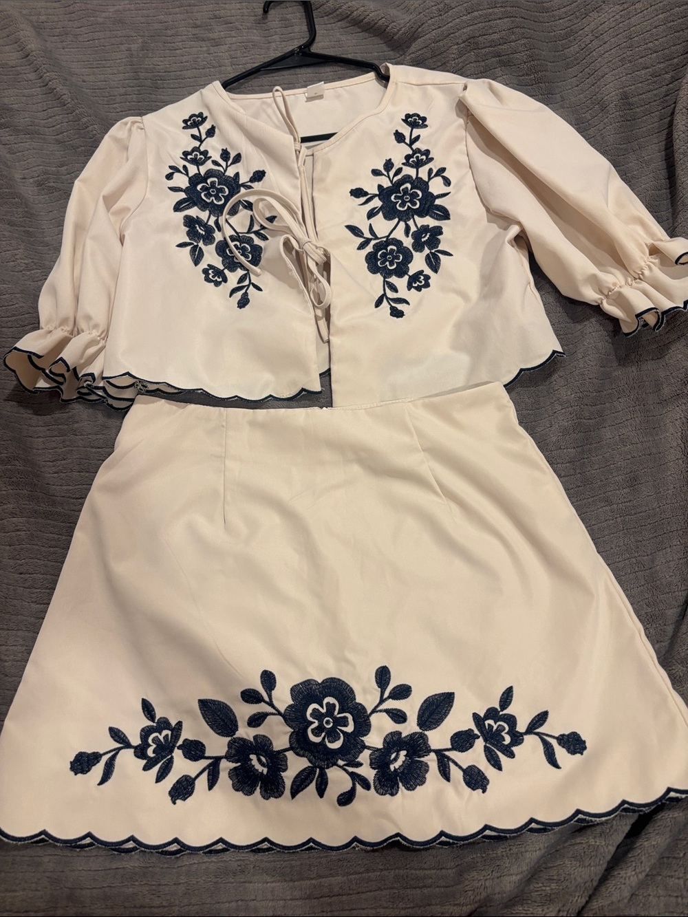 Embroidered Cream Two-Piece Dress Set with Navy Floral Detail